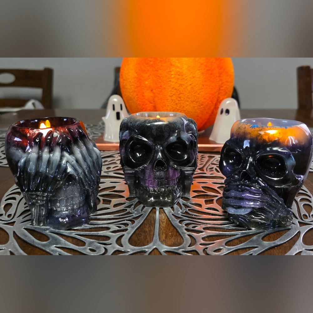 Three Wise Skulls - Resin LED Candle Holders